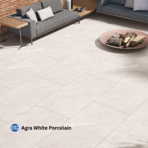 Agra white porcelain tiles laid in a rear garden